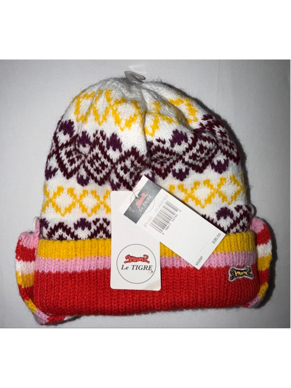 Girl Le Tigre One Size Fair Isle Knit Beanie Winter Colorful Earflaps Ski NWT